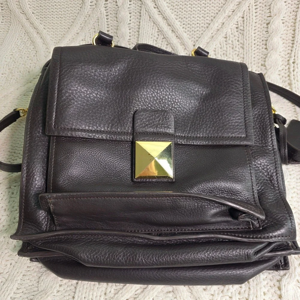 Badgley Mischka‎ Satchel Shoulder Bag Dark Brown Thick Pebbled Leather Gold Logo